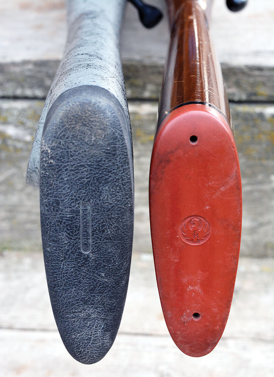 Butt stocks featuring a larger area recoil pad (left) disperses recoil better than smaller butt pads (right).